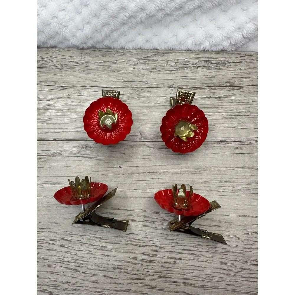 Vintage Red Metal Flower Christmas Tree Candle Holder Clips Set of 4 Mid Century